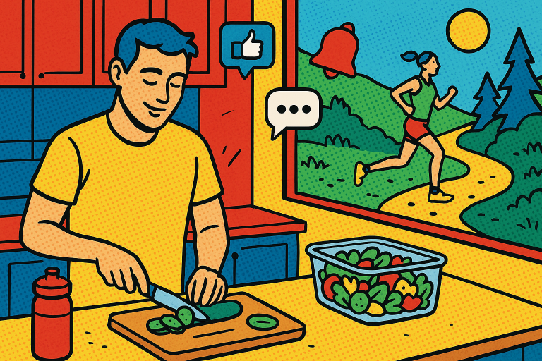 Illustration of Meal prep on kitchen counter in a Outdoor trail setting, with a relaxed mood.
