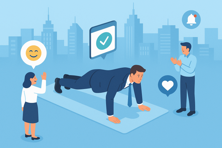 Illustration of Busy professional doing pushups in a Cityscape skyline setting, with a relaxed mood.
