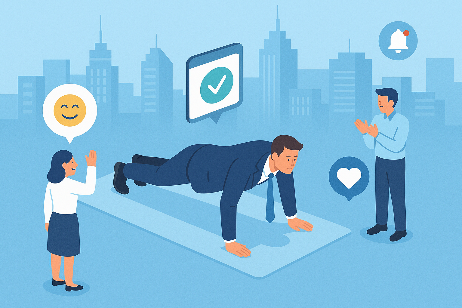 Illustration of Busy professional doing pushups in a Cityscape skyline setting, with a relaxed mood.