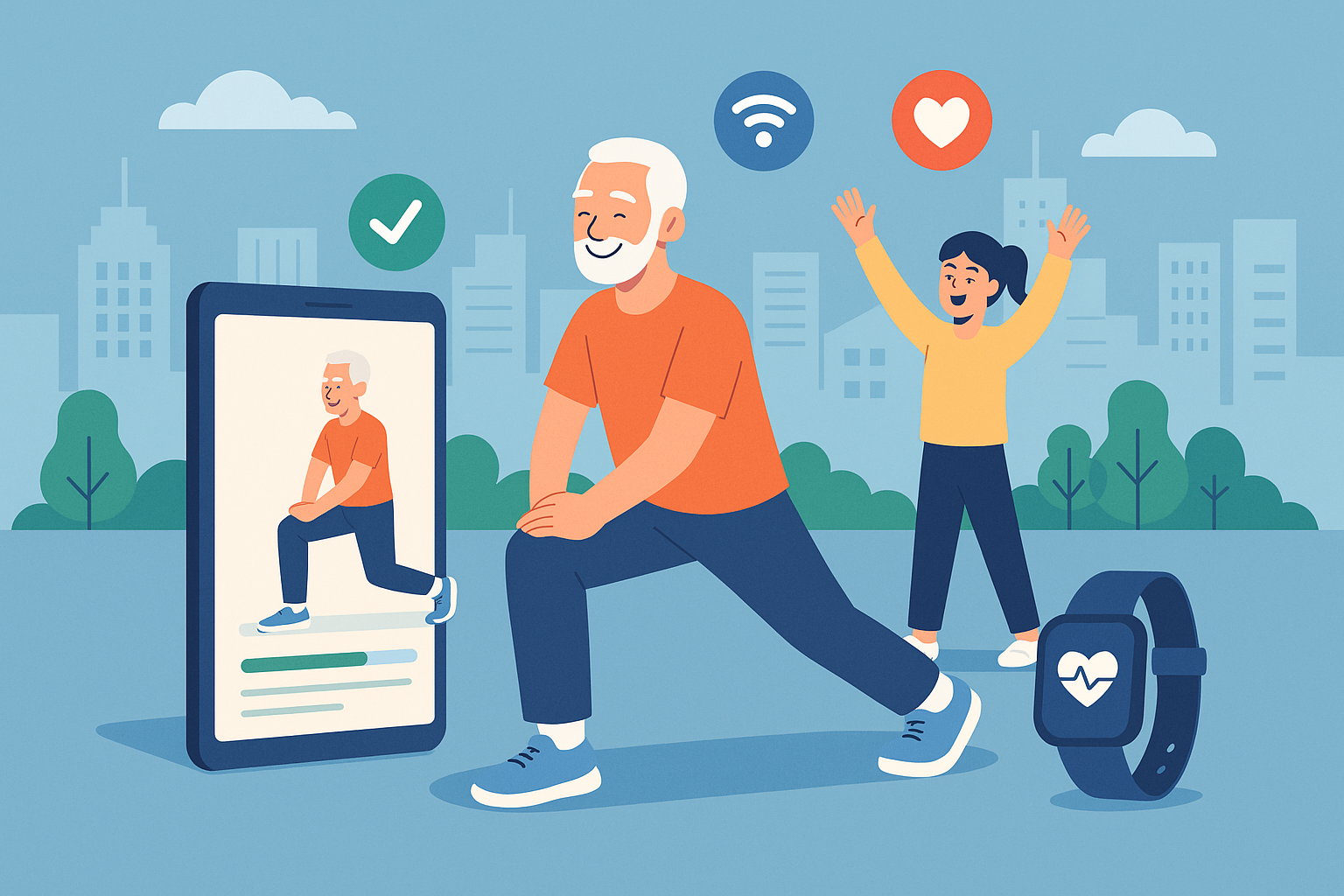 Illustration of Senior doing mobility exercise in a Cityscape skyline setting, with a happy mood.
