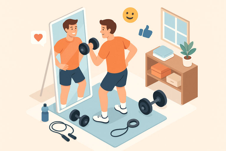 Illustration of Athlete checking mirror form in a Home workout space setting, with a happy mood.