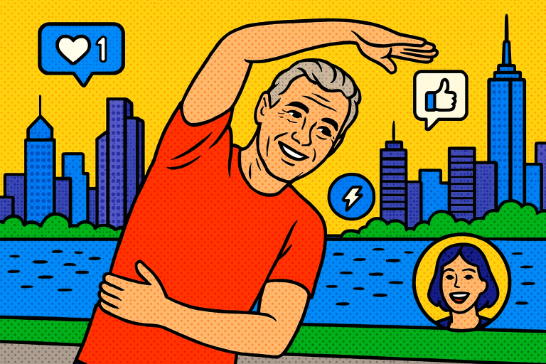 Illustration of Stretching before workout in a Cityscape skyline setting, with a happy mood.