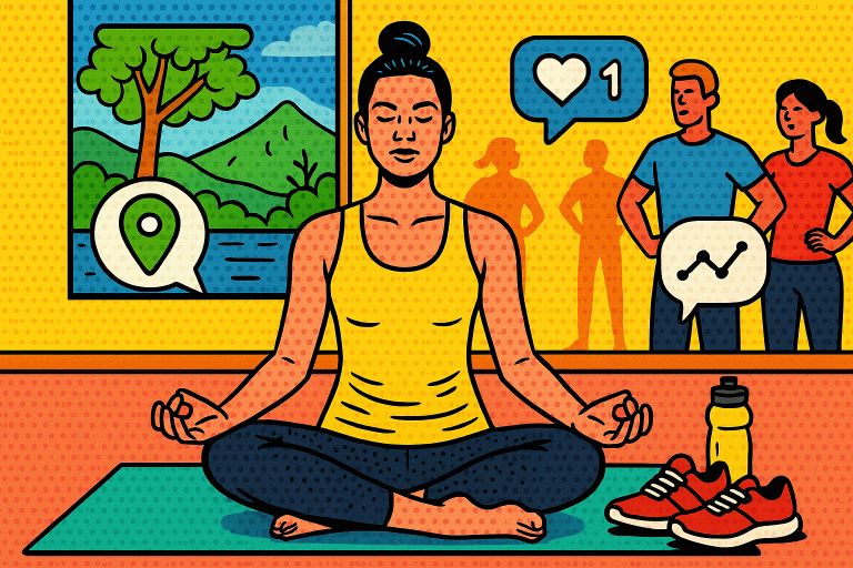 Illustration of Yoga pose in nature in a Fitness class studio setting, with a focused mood.