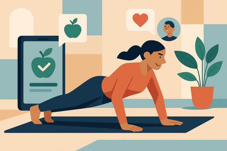 Illustration of Busy professional doing pushups in a Yoga studio setting, with a happy mood.
