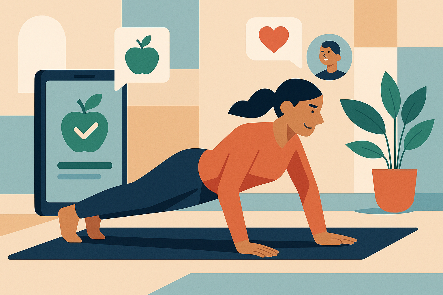 Illustration of Busy professional doing pushups in a Yoga studio setting, with a happy mood.