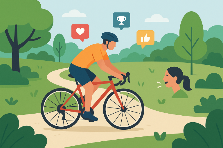 Illustration of Cyclist on a trail in a Park with trees setting, with a inspired mood.