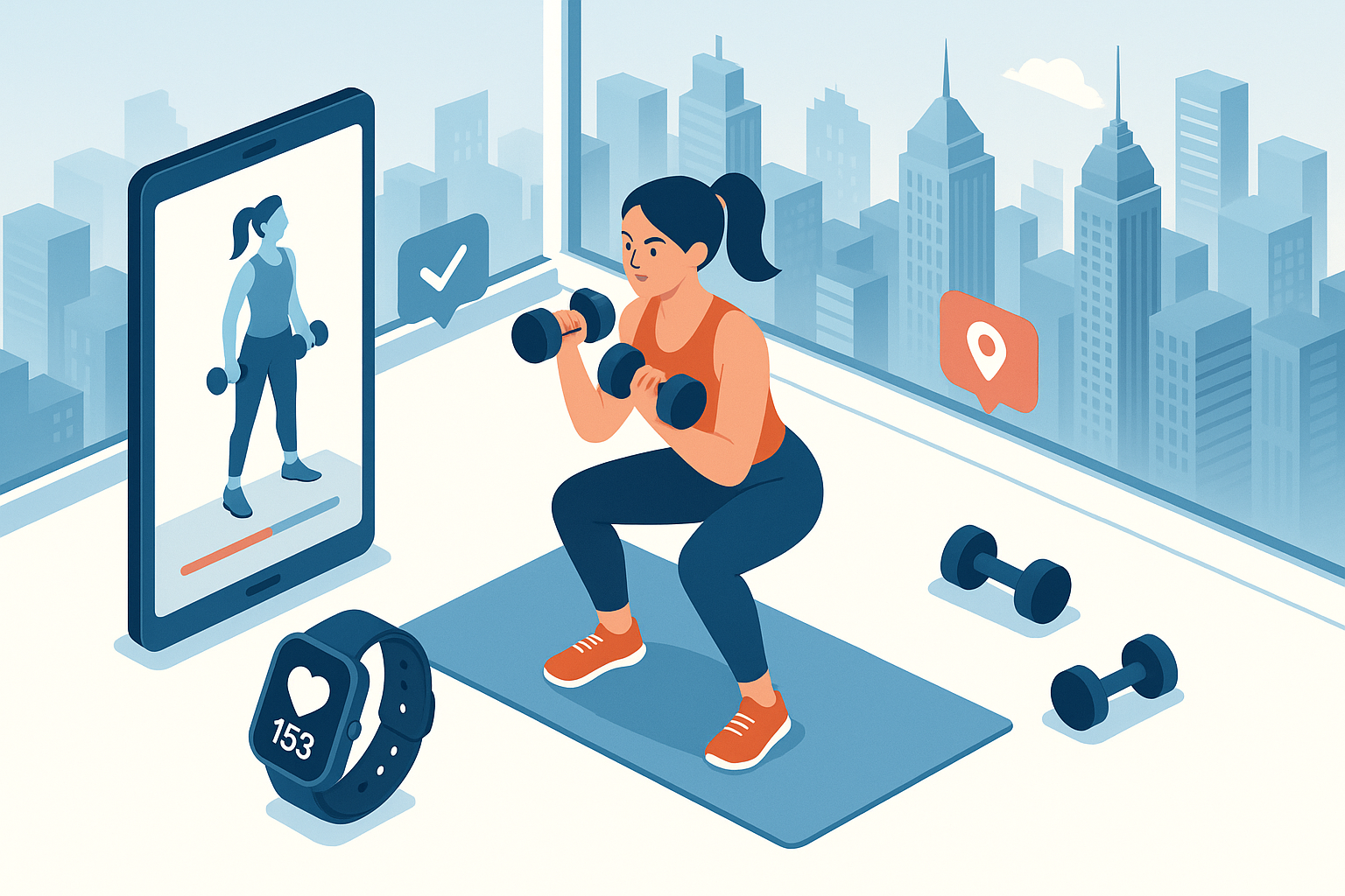 Illustration of Home workout with dumbbells in a Cityscape skyline setting, with a determined mood.