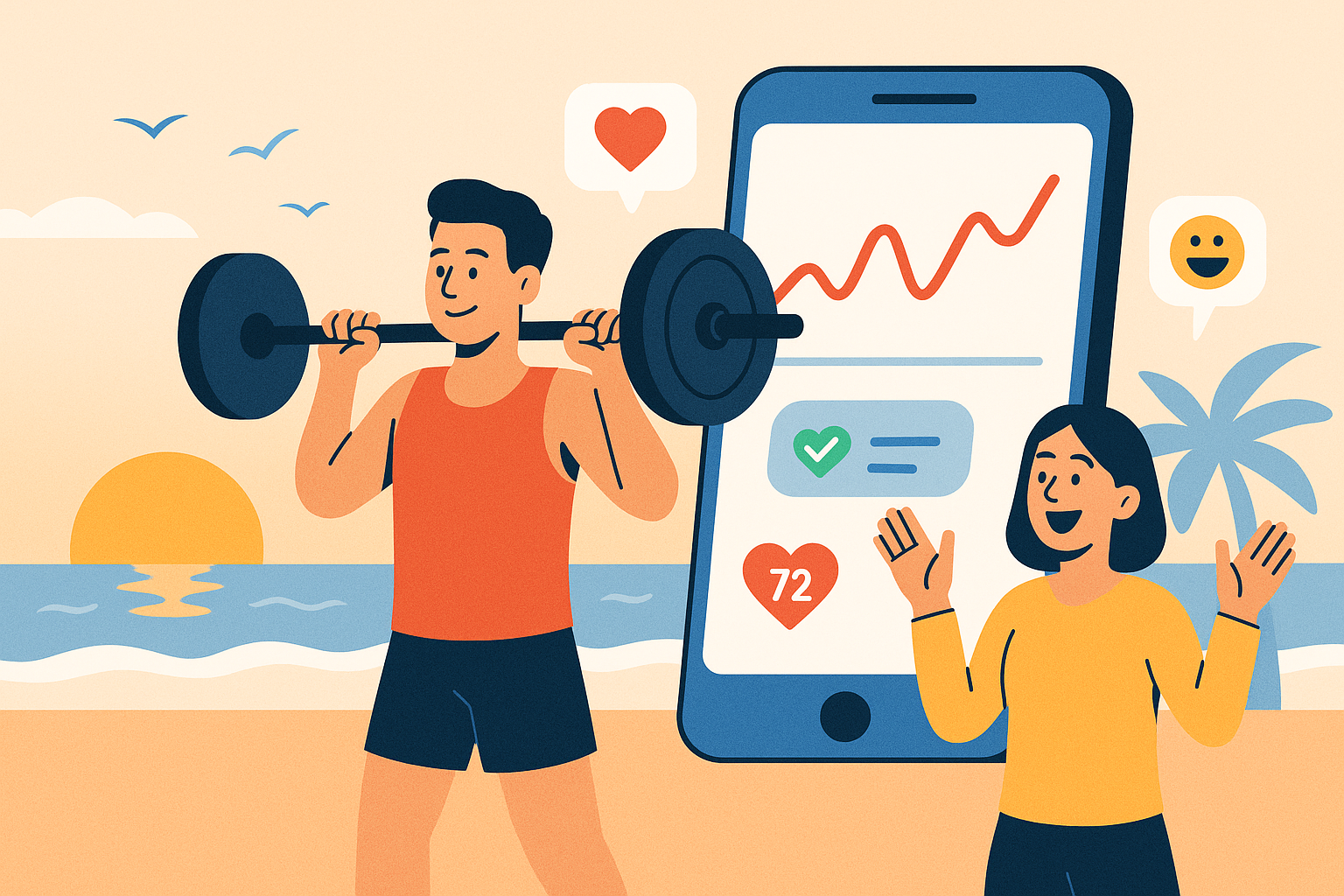 Illustration of Person lifting weights in a Beachfront sunrise setting, with a happy mood.
